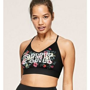 Victoria’s Secret PINK Floral Logo Sports Bra – Black, Size M (NWT)